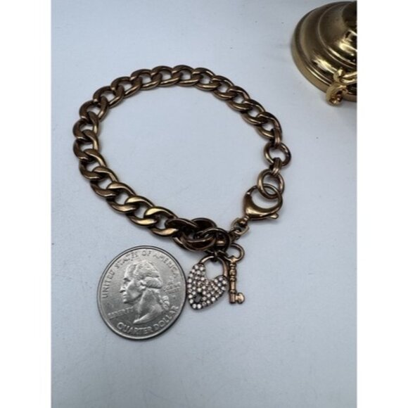 Fossil Link Bracelet Rose Gold Tone, Rhinestone Heart Lock Charm Whit Key- Cute - Picture 9 of 13
